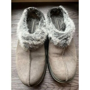 SKECHERS Slip On Mules Womens ‎ size 9.5 Gray Fur Lined Chunky Shoes Backless.